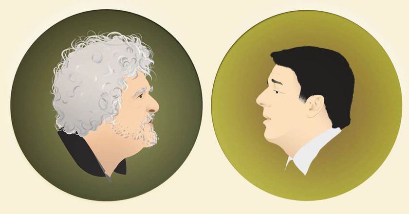 Beppe Grillo i Matteo Renzi. Ilustracja: Elena Dan, Wszystkie prawa zastrzeżone